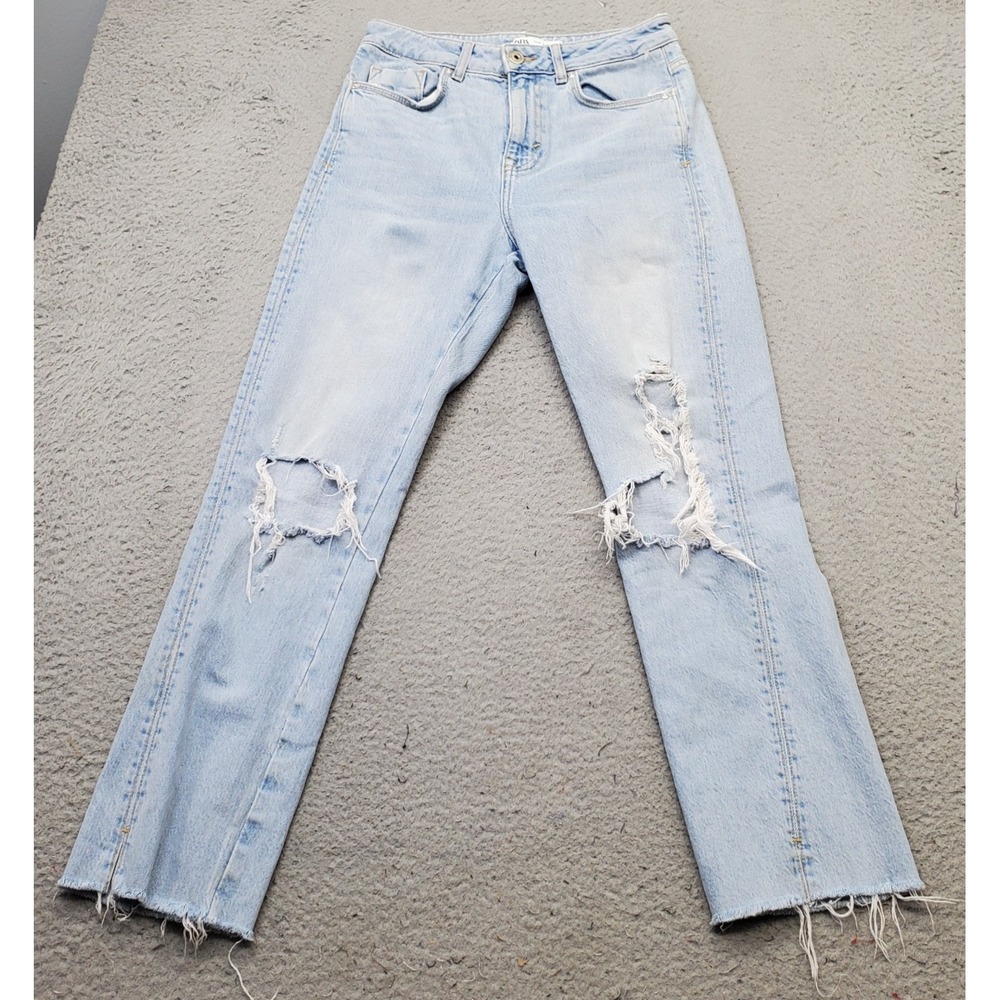 Zara Jeans Women 2 Blue Denim Classic Raw Hem Light Wash Distressed Straight Leg
